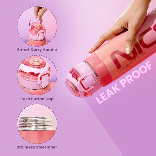 Image of Nayasa Turbo Water Bottle 730ml | BPA Free Plastic | Leak Proof Push Button Cap | School, Office Use | Pink