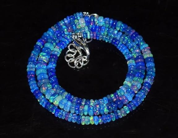 Generic Natural Ethiopian Blue Fire Opal Necklace, Smooth 3-5MM Size Beads Necklace, Women's Jewelry, Welo Opal Beaded Necklace 18'' Long Necklace for Beloved