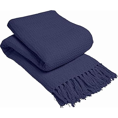 LIZZIE JACOBS New Lisbon 100% Cotton Throws Waffle Style Luxurious Super Soft Warm Cosy Sofa Bed Settee Chair Travel Blankets (Navy, Single - 127 x 152 cm) Cover