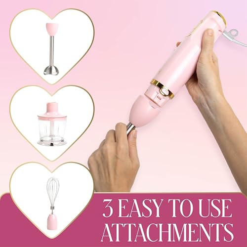 Image of Paris Hilton Hand Blender Set, 3-in-1 Immersion Blender with Whisk, Blending & Chopper Attachments, 400W High Speed, Pink with Gold Accents, Handheld Blender for Smoothies, Soups, Sauces, Cream, Pink