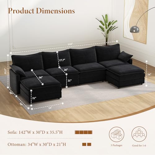 Image of Vesgantti 142 inch U Shaped Sectional Couch, Comfy Cloud Modular Sectional Sofa with 2 Ottoman Deep Seat Corduroy Modern Cloud Sofa, Modular Sofas for Living Room, Bedroom and Apartment, Black