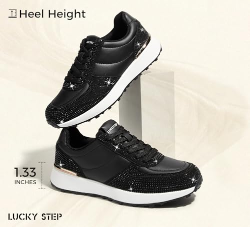 LUCKY STEP Women's Fashion Casual Sneakers Platform Rhinestone Retro Trendy Tennis Travel Walking Shoes Anti-Slip Comfortable Lace-up Footwear3