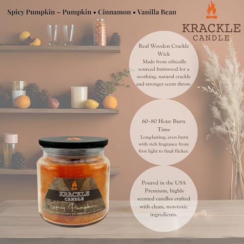 Image of Krackle Candle | Spicy Pumpkin | 16 oz Scented Candle with Natural Crackling Wooden Wick | Poured in the USA | Pumpkin, Cinnamon & Vanilla Bean Fragrance