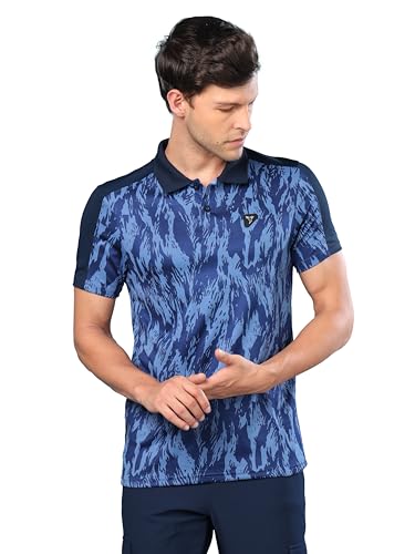 Image of TECHNOSPORT Men's Slim Fit Polyester Sporty Print Athleisure Polo T-Shirt with Half Sleeve, Moisture Wicking and Quick Dry