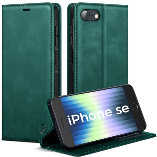 AIMOYU Handyhülle für iPhone SE 2022/SE 2020/iPhone 8/iPhone 7 Hülle Premium Lederhülle Flip Case Magnet Tascher Kartenfach Standfunktion Klapphülle Schutzhülle für iPhone SE-Hülle Blau Grün