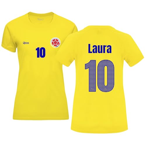 Camiseta Fútbol Selecciones — Estilo Mundial 2026 — Hombre y Mujer — Personalizable con Nombre y Número — No Oficial (FR/ES, Letras, M, Regular, Regular, Amarillo, Colombia, Mujer)