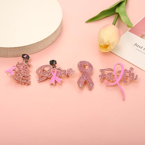 Image of Breast Cancer Awareness Pins Bulk Pink Ribbon Brooches for Women Faith Hope Lapel Pins Breast Cancer Awareness Jewelry Accessories Decorations Charity Public Fundraiser Supplies