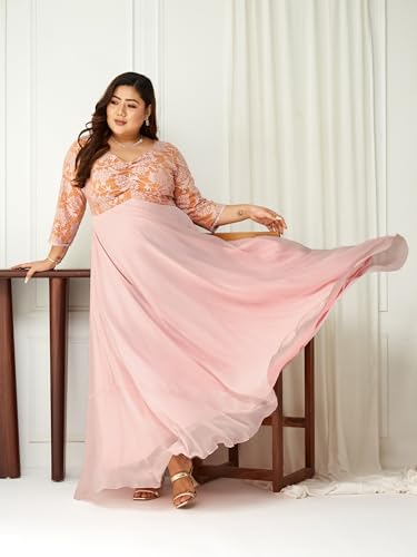 Image of Miss Chase A+ Women's Floral Printed Relaxed Fit V -Neck 3 /4Th Sleeve Georgette Maxi Dress