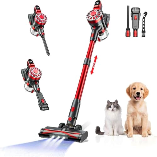 Cordless Vacuum Cleaner,Vacuum Cleaners for Home with Super Suction,Lightweight Stick Vacuum with 35 Mins Runtime,Rechargeable Cordless Vacuum for Carpet, Tile, Pet Hair, Hardwood Floors(Red Black)