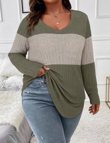 Image of Koscacy Women Plus Size Casual Knit Sweater V Neck Solid Color Tops Lightweight Long Sleeve Blouses