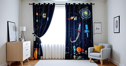 Image of Space Theme Grommet Opaque Curtains For Kids Room Planets Parde 4X7 Feet Set Of 2, Door Size Curtain,Multicolour