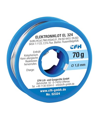 CFH Elektroniklot EL 324 – Lötzinn Ø 1,0 mm, 70 g, flussmittelgefüllt, bleifrei, ideales Lot für präzise Feinlötungen in der Elektronik und Elektrotechnik, hochwertige Qualität, Made in Germany
