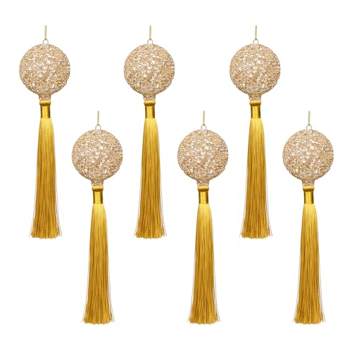 Tassel Ball Christmas Hanging Ornaments, 6 PCS 4.5cm Bead-Covered Glitter Baubles with 12cm Tassels, Handcrafted Shatterproof Elegant Decorations for Christmas Tree, Home & Holiday Décor Gift (Gold)