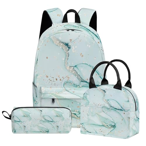 Scovotec Marble 3PCS Backpack for Boys Girls Kids Back to School Backpack Set with Lunch Box Pencil Case 17 Inch Lightweight Bookpack 3 in 1 Set for Teens Elementary Middle High School Students