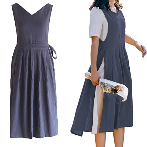 Split Cotton Linen Apron Pinafore Dress with Long Waist Ties for Women Ladies Japanese Korean H Back Smock Bib for Kitchen Cooking Baking Navy