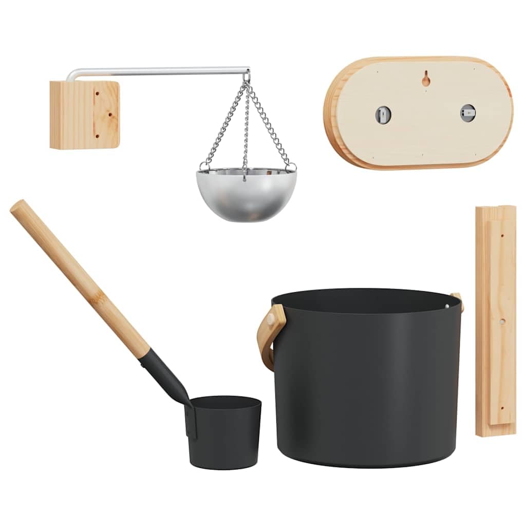 Set di accessori per sauna, 5 pezzi, nero, in alluminio e legno di pino, secchio per sauna, igrometro, termometro, clessidra, ciotola per aromi, mestolo per interni, benessere e relax