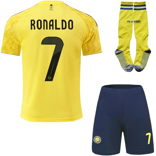 metekoc NASSR Riyadh Al 2025/2026 Heim #7 Football Fußball Kinder Trikot Shorts Socken Geschenk Set Jugendgrößen (Gelb/Blau,24)