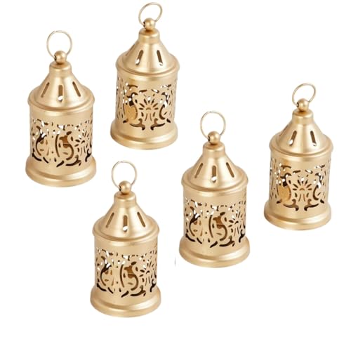 Image of Hanging Metal Tealight Candle Holder Lantern Set with LED Candle | Decorative Gold Hanging Lantern for Home Decor, Living Room, Dining Table, Balcony & Festive Gifting (Set of 5)
