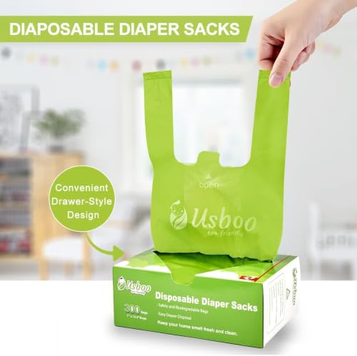 Image of USBOO Disposable Diaper Bags, OXO-Biodegradable, 2 Pack / 600 Count | Multi-Purpose Diaper Sacks with Easy-Tie Handles for Pet Waste, Baby Diapers, Feminine Hygiene & Car Trash Use