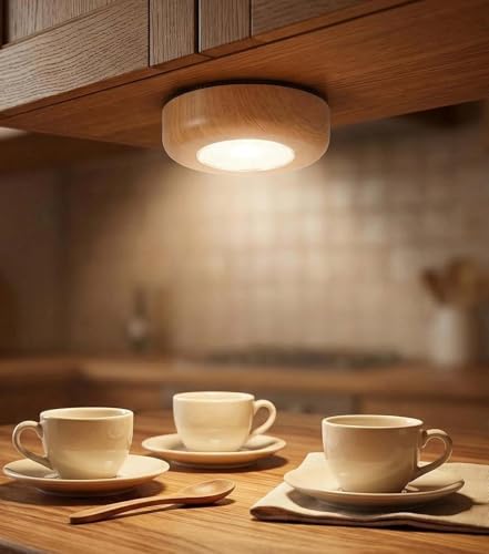 Image of Small Push Light, 6 Pack Under Cabinet Lights Battery Powered, Wood Look LED Touch Light, Wireless Puck Lights Stick On for Kitchen, Wardrobe, Closet