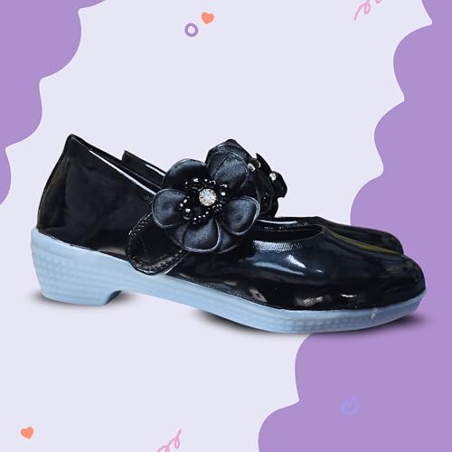 Image of Girls' Patent Mary Jane Shoes with Floral Embellishment, Attractive Colour's, Pearl Flower Welcro Bellies |DMND-3|