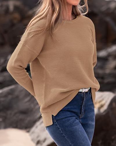BTFBM Fall Sweaters for Women 2025 Casual Long Sleeve Sweater Striped Loose Fit Pullover Tops