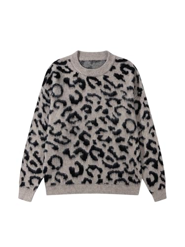 Men's Leopard Sweater Y2k Fuzzy Cheetah Sweater Crew Neck Drop Shoulder Streetwear Pullover Tops