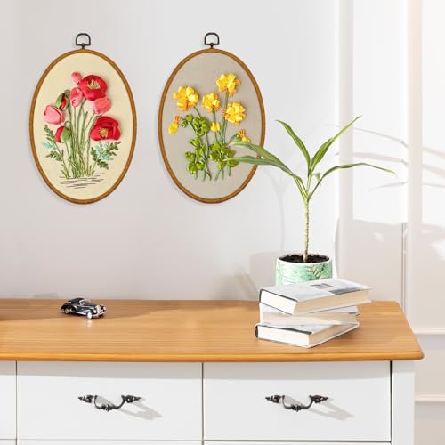 Image of XM-GENYUE 2 Sets Starter Embroidery Kit for Beginners Adults, Hand 3D Ribbons Embroidery Kit for Beginners Flowers Includes Bamboo Hoop, Cloth