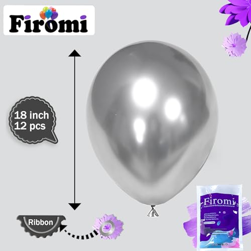 Image of Firomi Metallic Chrome Big Silver Balloons 18-inch 12 Pack (with 1 Ribbon) | Large Helium Shiny Round Silver Thicken Latex Balloon for Wedding Birthday Party Balloons