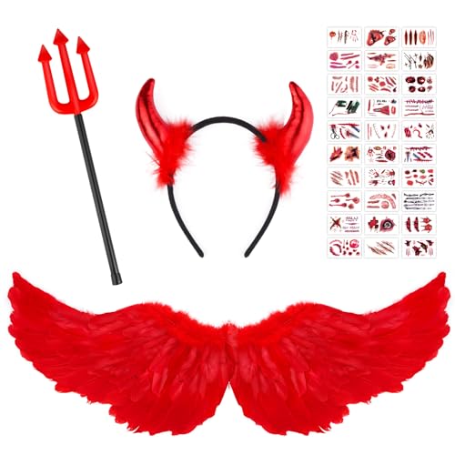 Image of fulasiteu Red Devil Wings, 31.5 Inch Adult Devil Angel Wings Headband Wand for Adult Women Children Girls Halloween Christmas Party Decoration Costumes