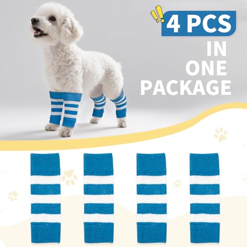 Image of ROZKITCH Pet Dog Elbow Protector Dog Elbow Sleeve, 2PCS Front Leg and 2PCS Back Leg Knee, Elbow Wrap Leg Warmer Wrap Protector, Pet Elastic Knitted Breathable Protective BlueStripe M