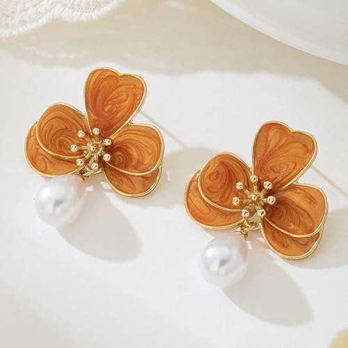 Flower Earrings for Women Pearl Statement Drop Dangle Earrings Pink Blue Orange Flower Stud Earrings Wedding Party Statement Floral Jewelry3