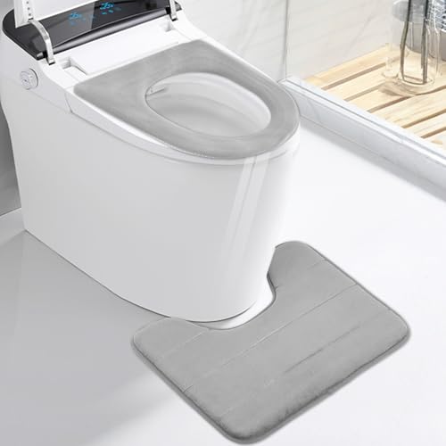 KIKAWORD Absorbent Toilet Mat Set, Non-Slip U Shape Pedestal Mat Bath Mat, Extra Soft Fluffy Coral Fleece Toilet Rug, Machine-Washable, Quick Dry, 50 X 40 Cm, Gray, With A Toilet Seat Cover