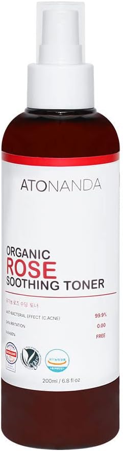 [KFDA Certified] ATONANDA Organic Rose Soothing Toner/Chemical-Free, Alcohol-Free/Hydrating, Pore-Reducing, Anti-Acne/Sensitive, Irritated Skin/Vegan Skincare, Cruelty-Free, Clean Beauty – 6.76 Fl Oz