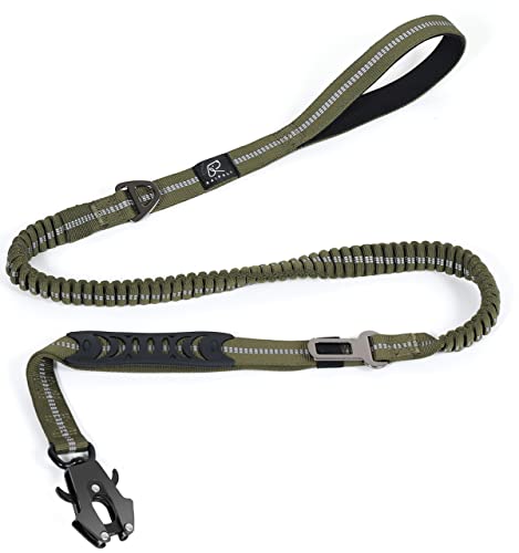 Raipult taktische, robuste Hundeleine, ca. 1,2 - 1,8 m, starke Bungee-Leine mit Richtungsverbinder (Frog clip) und Auto-Sicherheitsgurt, Militär-Leine für K9 mit 2 Griffen für mittelgroße Hunde, grün