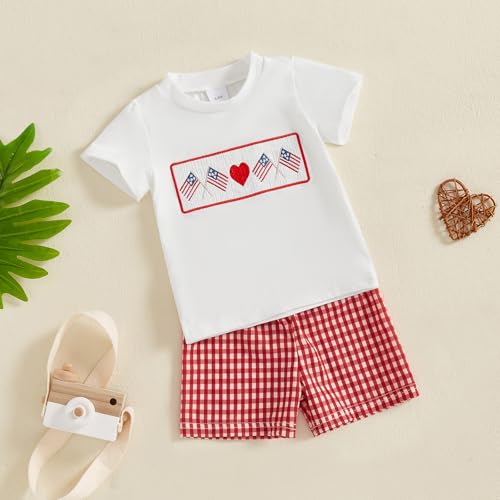Image of 4th Of July Toddler Boy Outfit Popsicle American Flag T-Shirt and Gingham Plaid Shorts Set Independence Day Clothes