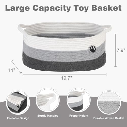 Image of Optish Dog Toy Basket, 30L Toy Box and Bin for Dog Cat Storage, 19.7 inch X 11 inch X 7.9 inch Large Woven Rope Basket for Blankets, Living Room, Bedroom, White & Grey