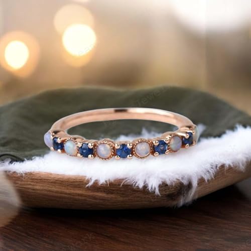 Fire Opal Sapphire Wedding Band Blue Sapphire Half Eternity Ring Dainty Opal Stacking Ring Vintage Stackable Ring Women Anniversary Ring Valentine Day Gift For Her2