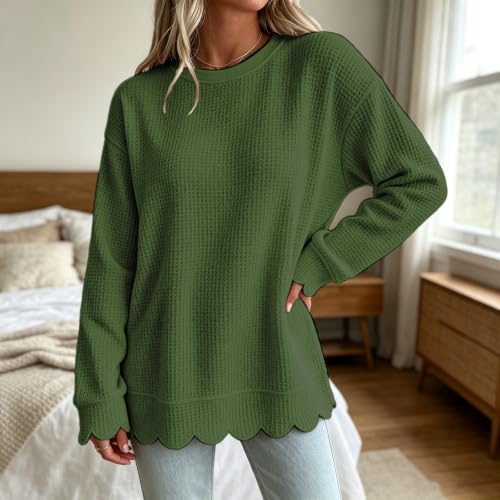 Scalloped Sweatshirt for Women Trendy Waffle Knit Long Sleeve Pullover Tops - image 3