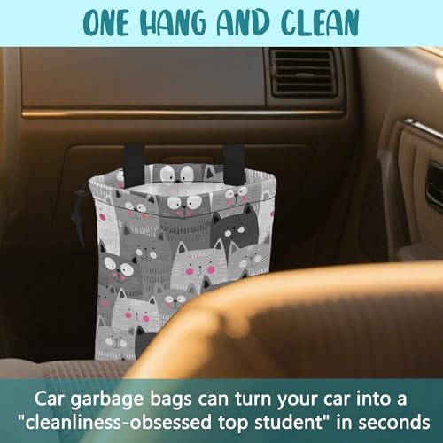 Image of Car Garbage Bag Cute Grey Cats Drawstring Car Trash Bag Hanging for Back Seat with Adjustable Buckle Canvas Vehicle Trash Can Easy-to-Install