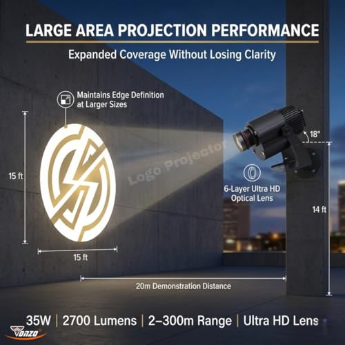 Image of TONZO 35W LED Logo Projector Light, 2700 Lumens, 4-15ft Range, 1 Custom Lens, IP67 Waterproof Outdoor GOBO Projector with Remote, Static & Rotating Advertising Light for Shop Event Business Storefront