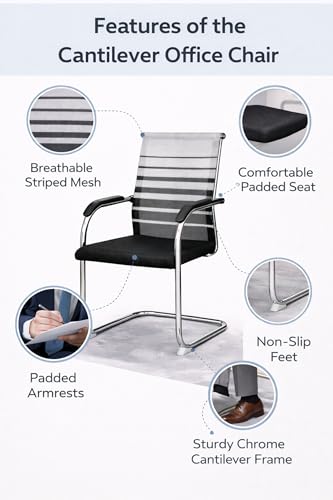 Image of TOBY Mesh Office Visitor /Guest Chair Set of 2 with Chrome Cantilever Frame, Breathable Backrest, Padded Seat Cushion, Ergonomic Armrests, Reception, Conference & Meeting Room Chairs (DIY Product)
