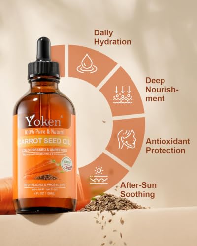 Image of Yoken Cold Pressed Carrot Seed Oil 4oz, Pure Carrier Oil for Skin & Hair | Lightweight Carrot Seed Oil for Daily Moisturizing Scalp Care Body Massage Nail Care Aromatherapy and Essential Oil Blends