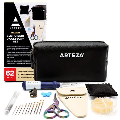 ARTEZA Embroidery Kit â 67 Embroidery Accessories, 30 Embroidery and 30 Tapestry Needles, Needle Threader, Thimble, Pincushion, Scissors, Storage â Quality Sewing Products, Cross Stitch Supplies