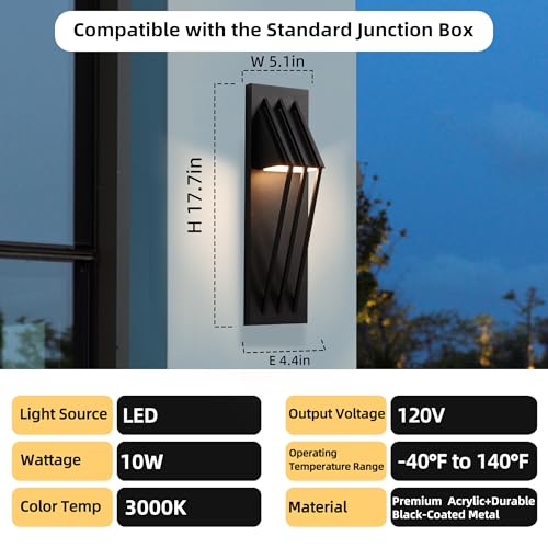 Image of Hyunbae Outdoor Wall Sconce,17.7inch Modern Exterior Lighting Fixture Waterproof, 10W Dimmable LED Outdoor Porch Lights for House Garage Patio, Black, 3000K