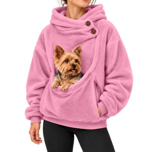 Hoodie with Dog Pouch Pet Pouch Hoodie Womens Fleece Button Collar Zip Pockets Travel Errands Chaquetas De Mujer Invierno Drsl Capsule Wardrobe for Women 2026 Pink - image 1