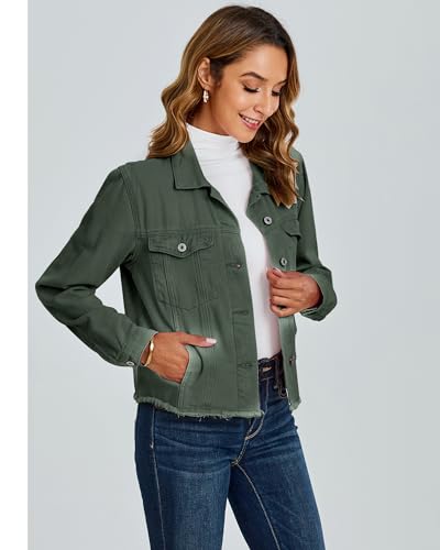 Image of luvamia Denim Jacket for Women Distressed Jean Jackets Button Up Vintage Western Trucker Jacket Frayed Hem Pockets