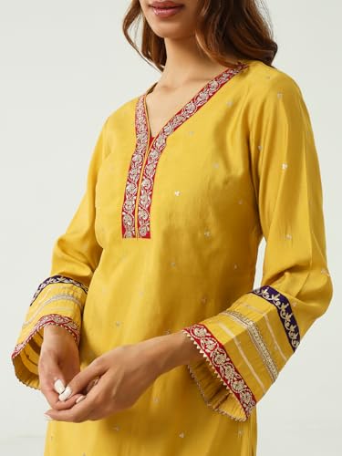 Image of FIORRA Women's Yellow Chanderi Straight Kurta and Palazzo Set