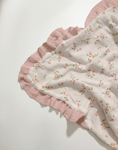 Image of Muslin Ruffled Baby Blanket, Extra Large 52 x 52 Inches, Soft Breathable Cotton Crib Blanket for Newborn Infant Toddler (Rosy-Ruffled, Printed)