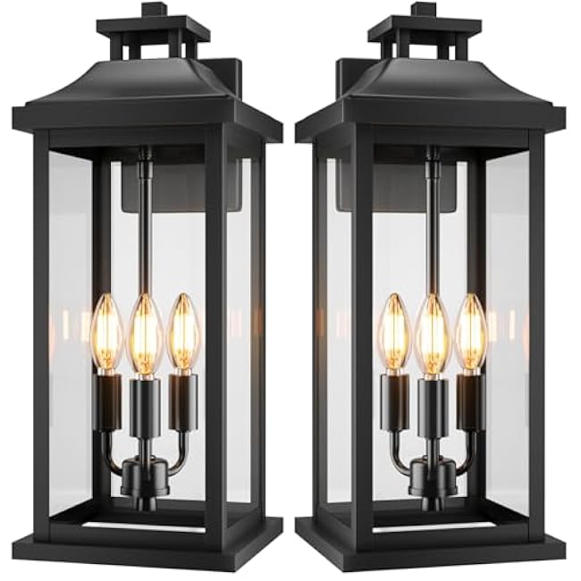 20 Large Outdoor Light Fixtures 3-Light 2 Pack, Black Outside Modern Porch Lights for House, Exterior Wall Sconce Lanterns Wall Mounted Waterproof Outdoor Coach Lamps for Garage E12